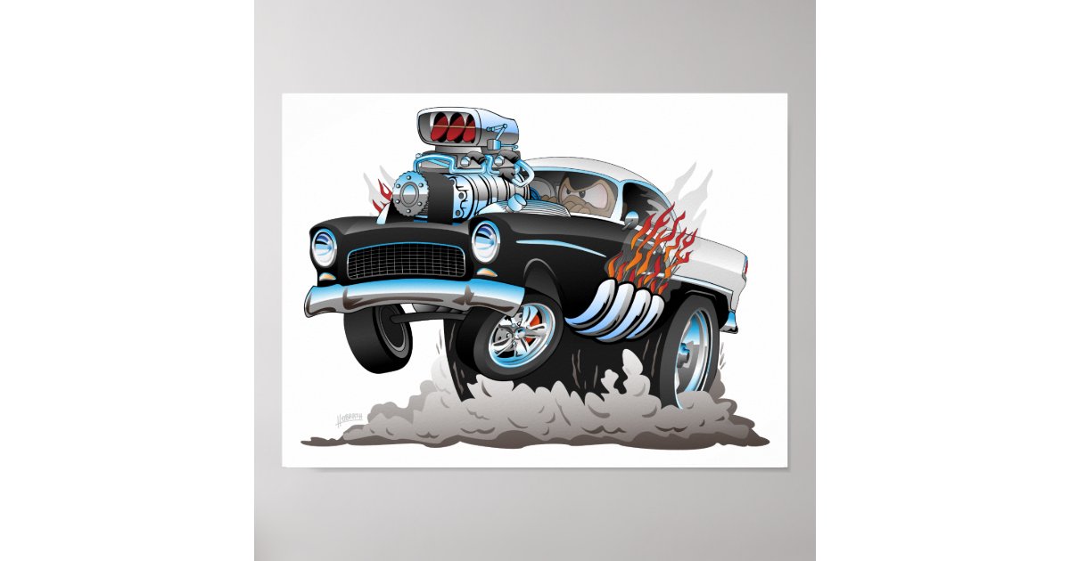 Classic 55 Hot Rod Funny Car Cartoon Poster Zazzle Com
