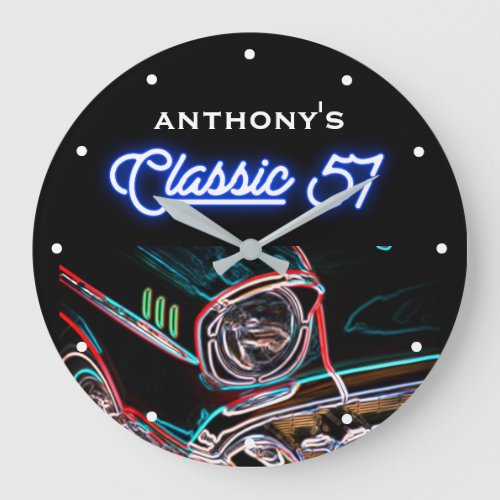 Classic 57 1957 Chevy Neon Effect Car Black Retro Large Clock