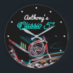 Classic 57 Chevy Neon Effect Script Black Retro Large Clock<br><div class="desc">Personalized clocks with any name custom 1957 Chevy car. Retro look with neon effects graphics and script typography. Just use the "personalize" option to make it your own. Choose your own size,  style and color before checkout.</div>