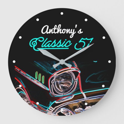 Classic 57 Chevy Neon Effect Script Black Retro Large Clock