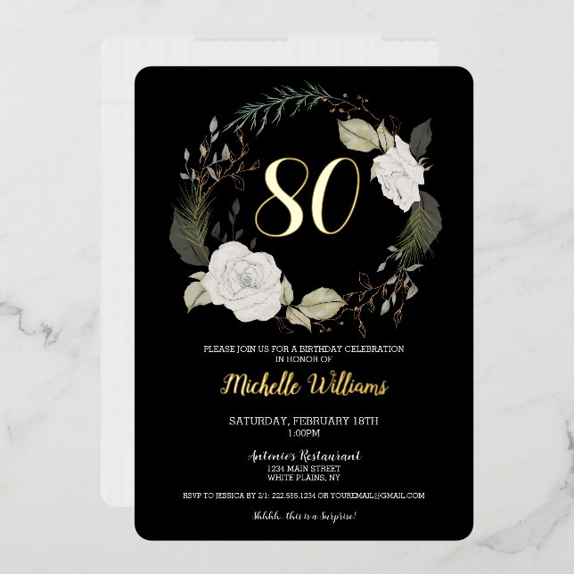 Classic 80th Birthday Party Floral Wreath Gold Foil Invitation (Envelope)