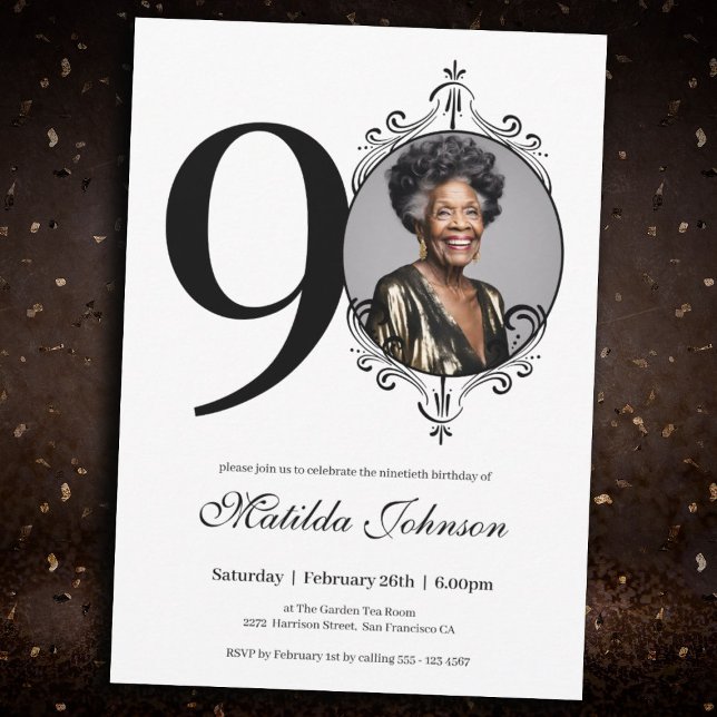 Classic 90th Birthday Black and White Custom Photo Invitation (Classic 90th Birthday Black and White Custom Photo Invitation)