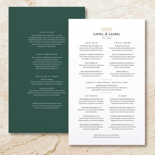 Classic À la Carte Restaurant Elegant Green Menu