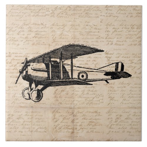 Classic Airplane Antique Aviation Art Script Paper Ceramic Tile