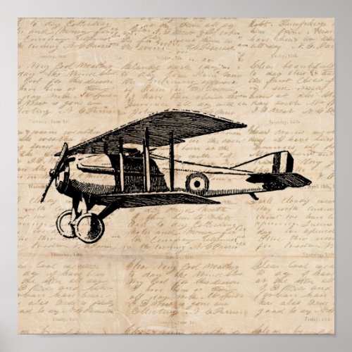 Classic Airplane Antique Aviation Art Script Paper Poster