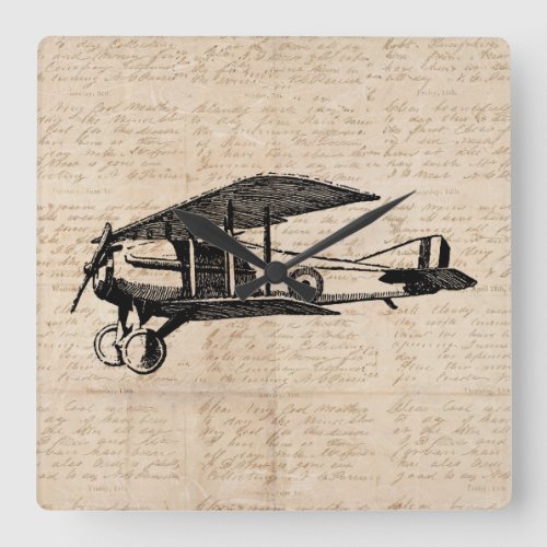 Classic Airplane Antique Aviation Art Script Paper Square Wall Clock