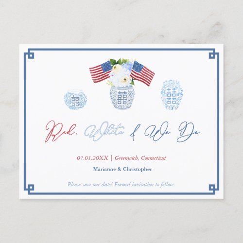 Classic All American Red White We Do Save The Date Announcement Postcard