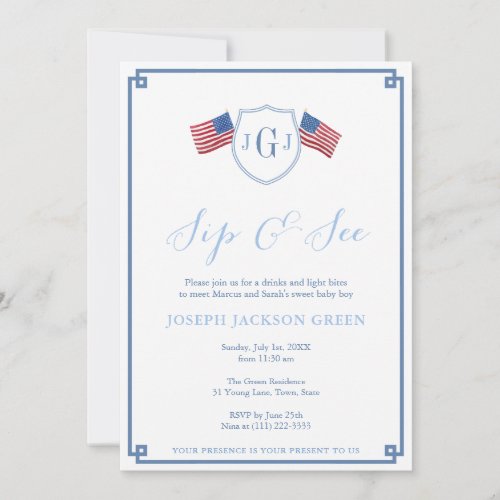 Classic All-American Sip And See Meet Baby Party Invitation - This elegant design features a blue and white crest with space for baby's initial monogram. This is flanked by watercolor USA flags, originally handpainted by me before being scanned into digital form. You can change the color of the Greek key border on the front and the pattern on the back by entering the design tool and changing the background color of each side. 
 
If you would like wording other than "Sip & See", please send me a message via the email address in my store header banner. To avoid any delay, be sure to reference which invitation you would like a change to (send a link or a screenshot).