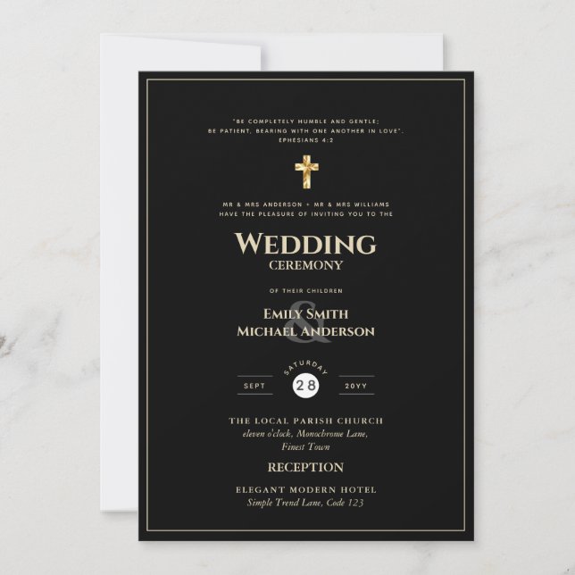 CLASSIC  All-in-1 Black Gold Text Catholic Wedding Invitation (Front)