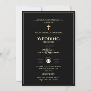 CLASSIC  All-in-1 Black Gold Text Catholic Wedding Invitation