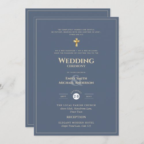 CLASSIC All_in_1 Dusty Blue Gold Catholic Wedding Invitation