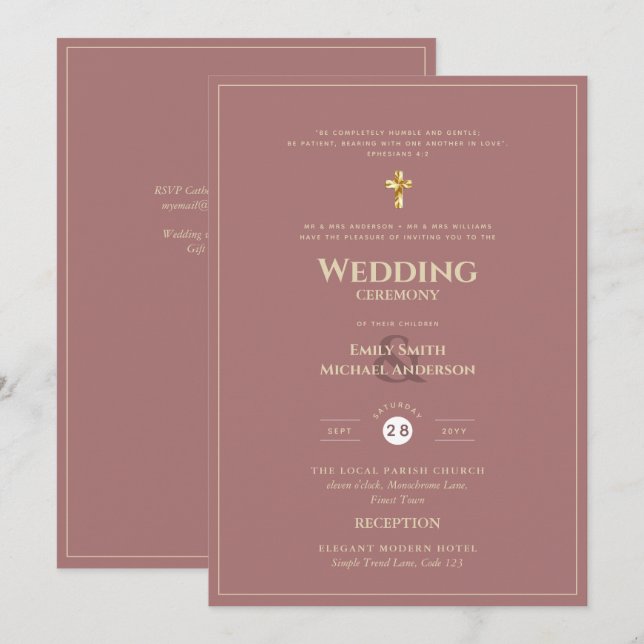CLASSIC All-in-1 Dusty Rose Gold Catholic Wedding Invitation (Front/Back)