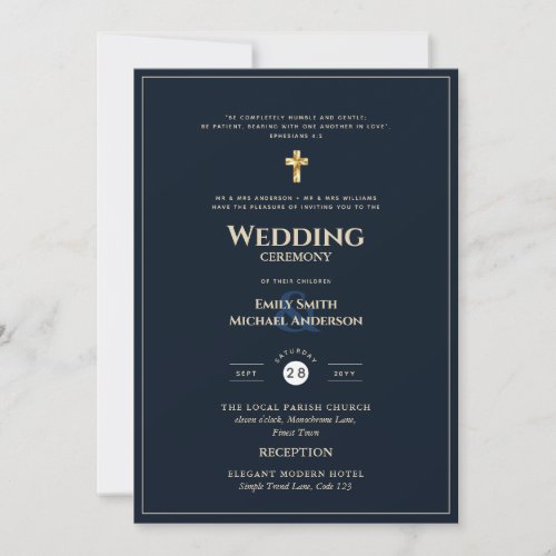 CLASSIC  All_in_1 Navy Gold Text Catholic Wedding Invitation