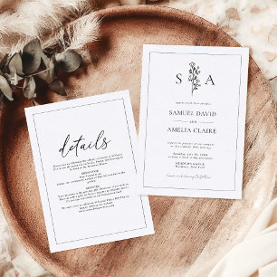 Classic All-In-One Floral Black White Wedding Invitation