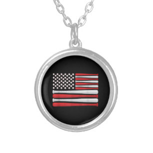 Classic American Baseball Flag - Vintage Baseball Silver Plated Necklace