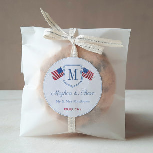 Classic American Flag Monogram Wedding Favor Round Sticker