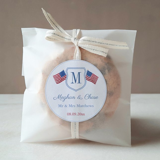 Classic American Flag Monogram Wedding Favor Round Sticker (Red White And Blue USA Flags Monogram Wedding Crest Favor Thank You Sticker )