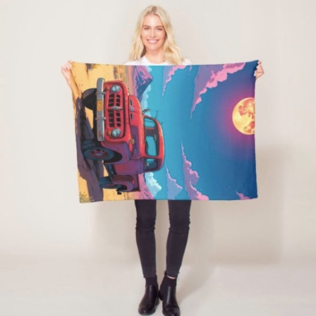 Classic American Pickup  Fleece Blanket (Retro Red Pickup Truck Desert Moon blanket - soft and colourful available  in 3 different sizes. 

)