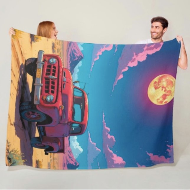 Classic American Pickup  Fleece Blanket (Retro Red Pickup Truck Desert Moon blanket - soft and colourful available  in 3 different sizes. )