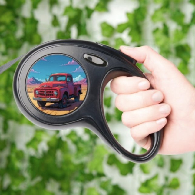 Classic American Pickup Retractable Pet Leash (Retro Red Pickup Truck  retractable dog leash 16' maximum extension self-locking buttons. )
