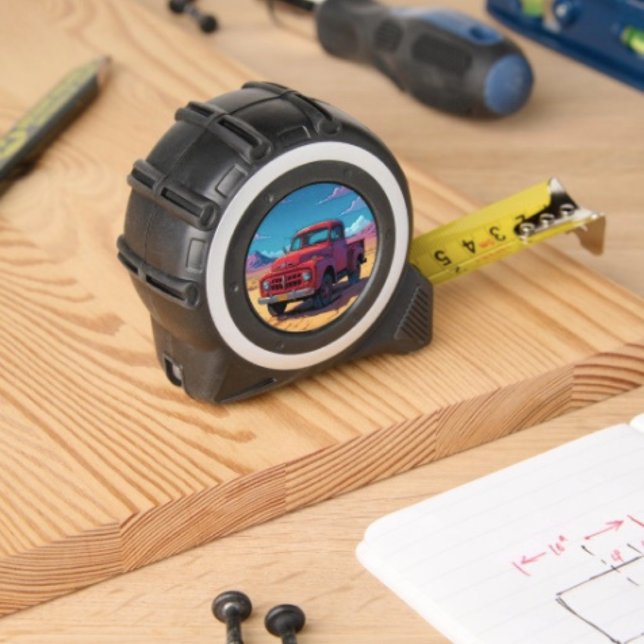 Classic American Pickup Tape Measure (Vintage Red Truck Desert Moon tape measure  inches on one side with metrics on the other. 
)