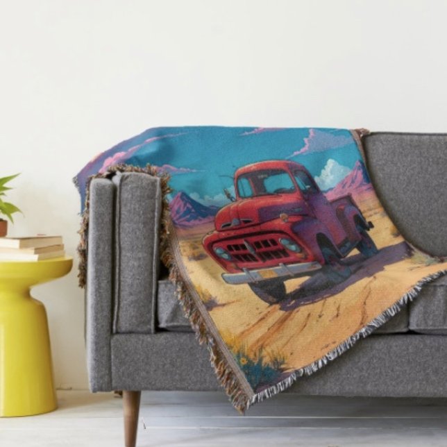 Classic American Pickup  Throw Blanket (Retro Red Pickup Truck Desert Moon blanket - soft and colourful available  in 3 different sizes. )