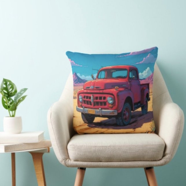 Classic American Pickup  Throw Pillow (Retro Red Pickup Truck pillow high quality 100% polyester hidden zipper enclosure. Made in the USA. )