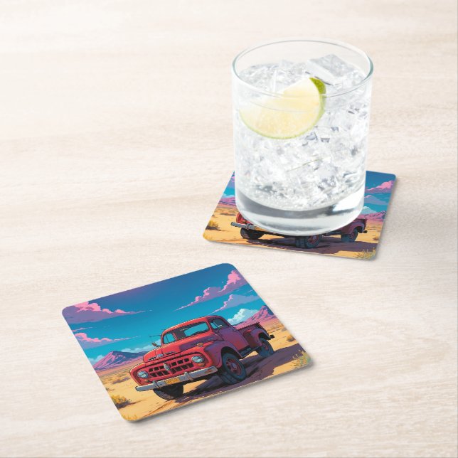 Classic American Pickup Truck Square Paper Coaster (Insitu)