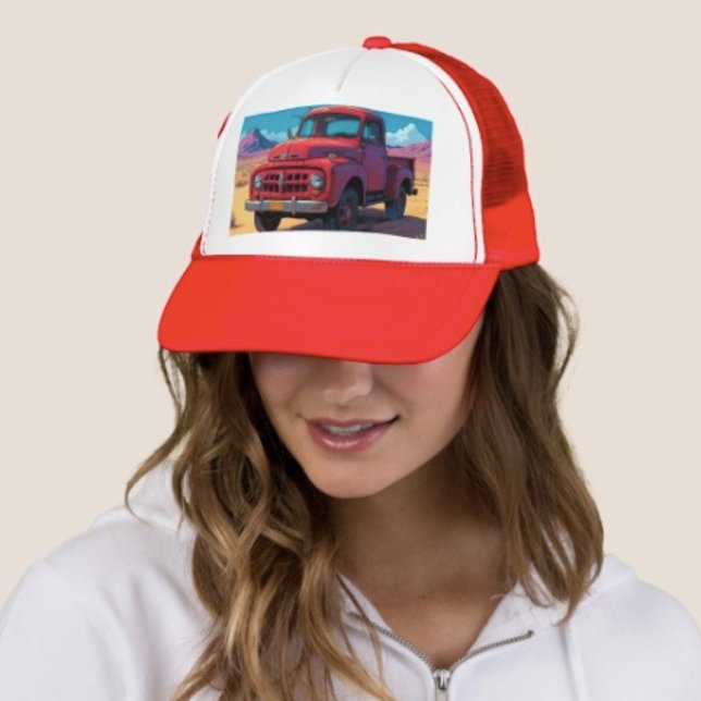 Classic American Pickup  Trucker Hat (Retro Red Pickup Truck Desert Hat – Vintage 50s Trucker Cap Southwest Mens Women's Unisex Gift
)
