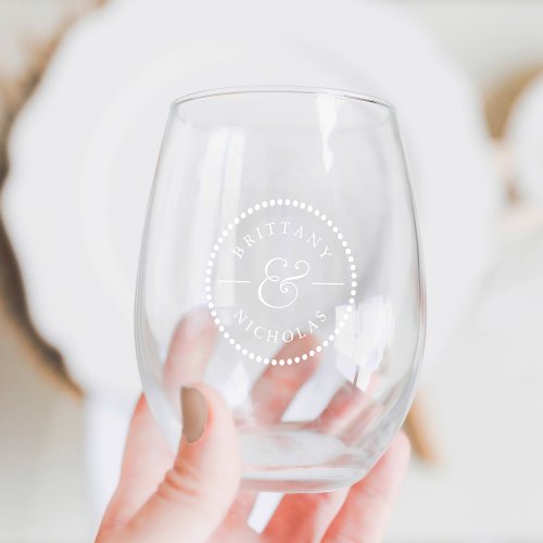 Classic Ampersand Dot Border Personalized Wedding Stemless Wine Glass