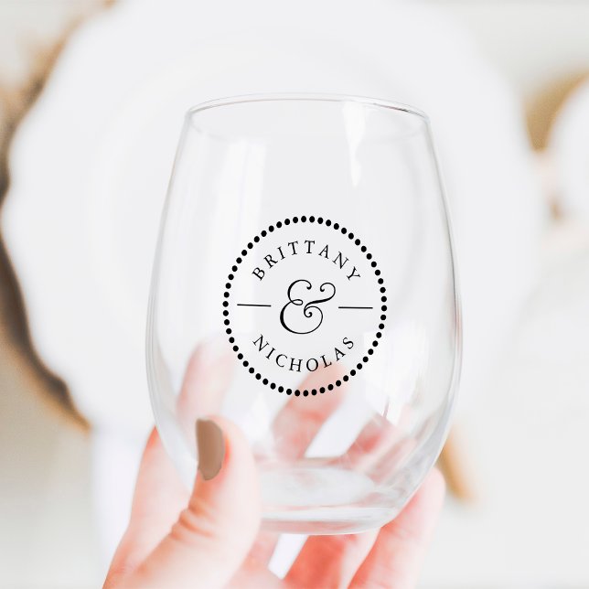 Classic Ampersand Dot Border Personalized Wedding Stemless Wine Glass (Creator Uploaded)