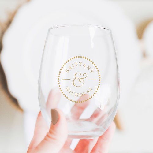 Classic Ampersand Dot Border Personalized Wedding Stemless Wine Glass