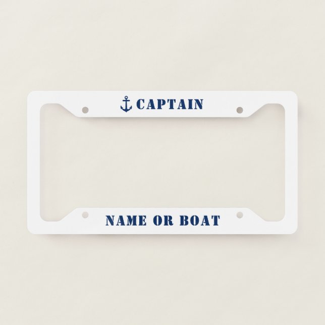 Classic Anchor Captain and Your Name or Boat Navy License Plate Frame (Front)
