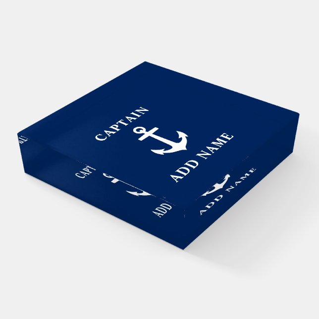 Classic Anchor Captain or Boat Name on Navy Blue Paperweight (Angled)