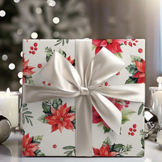 Classic And Charming Red Poinsettias And Berries  Wrapping Paper (Classic And Charming Red Poinsettias And Berries Wrapping Paper)