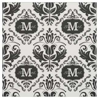 Classic and Chic Black White Damask Monogram Name Fabric