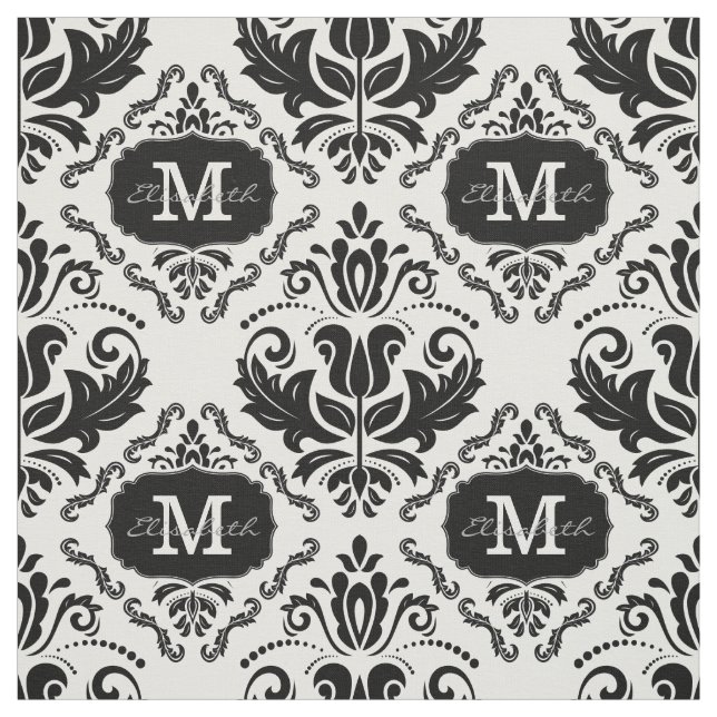 Classic and Chic Black White Damask Monogram Name Fabric (Swatch)