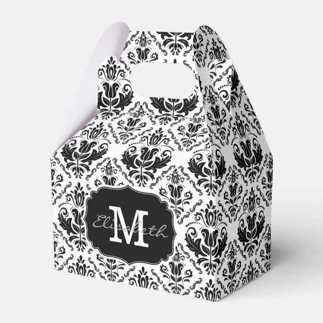Classic and Chic Black White Damask Monogram Name Favor Boxes (Front Side)