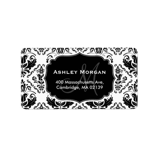 Classic and Chic Black White Damask Monogram Name Label (Front)