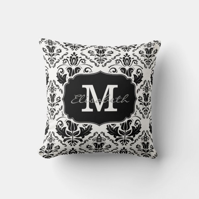 Classic and Chic Black White Damask Monogram Name Throw Pillow (Front)