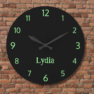 Classic and Elegant Black and Neon Mint Name Large Clock