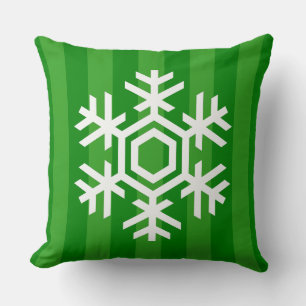 Classic and Elegant Red and Green Stripe Snowflake Throw Pillow
