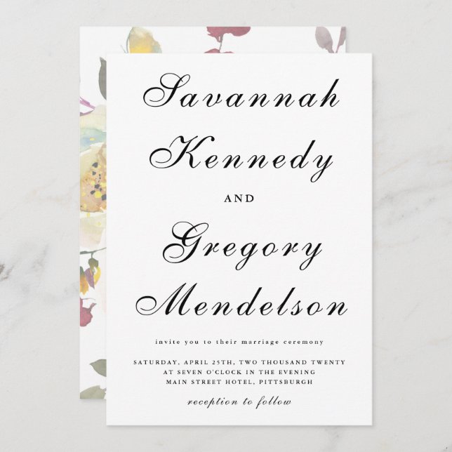 Classic and Elegant Script Muted Floral Wedding Invitation (Front/Back)