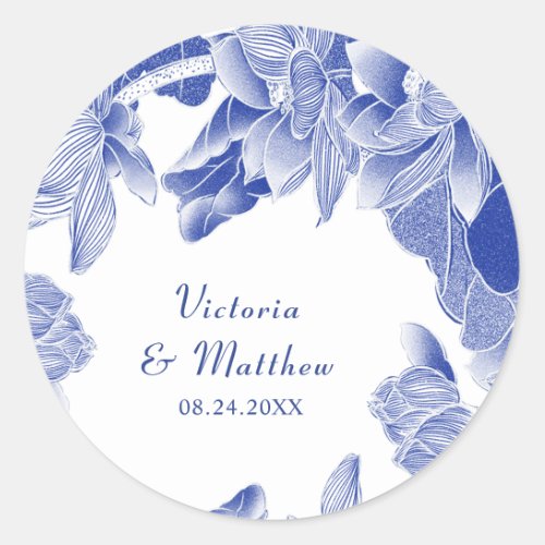 Classic and Modern Blue White Floral Wedding  Classic Round Sticker