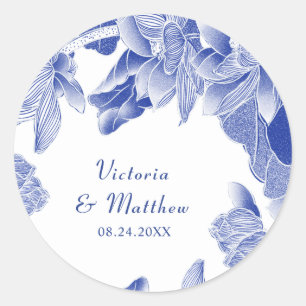 Classic and Modern Blue White Floral Wedding  Round Sticker