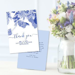 Classic and Modern Blue White Floral Wedding Thank You Card