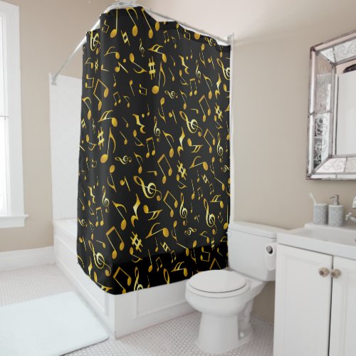 Classic and Simple Gold Music Notes on Black Shower Curtain