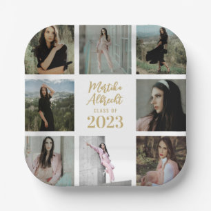 Classic and Simple White   Graduation Photo Grid Paper Plates