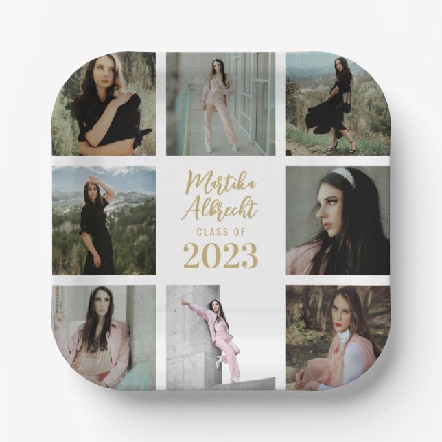 Classic and Simple White | Graduation Photo Grid Paper Plates (Front)