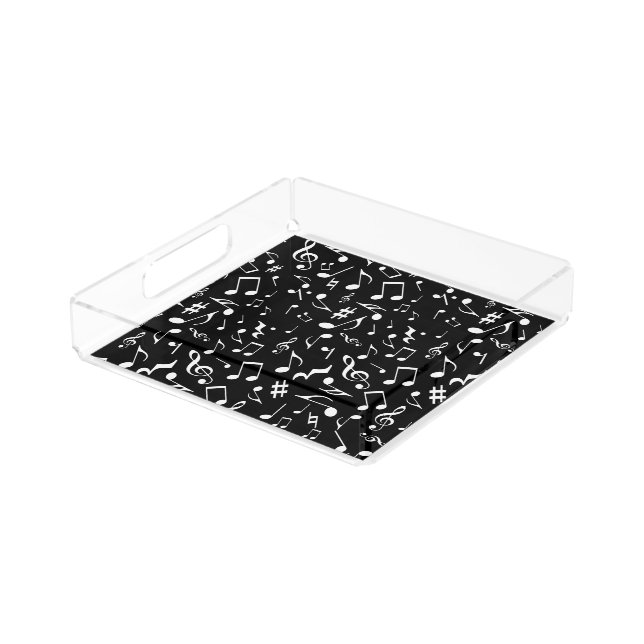 Classic and Simple White Music Notes on Black Acrylic Tray (Angled)